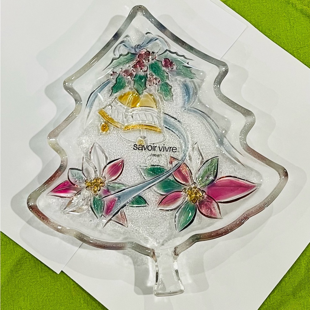Savoir Vivre Christmas Tree Poinsettia Bells Embossed Platter Candy Dish-Japan